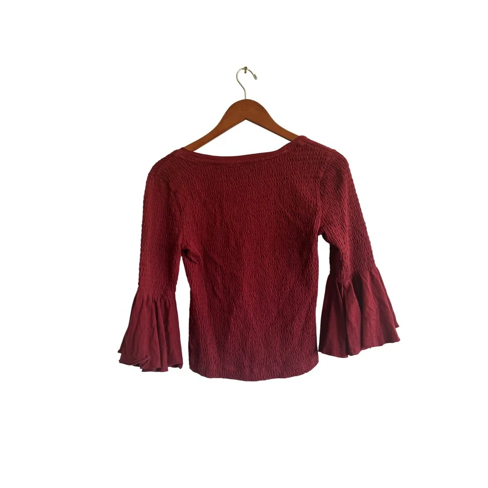 Anthropologie Top S Smocked Bell Sleeve Red Textured Blouse‎